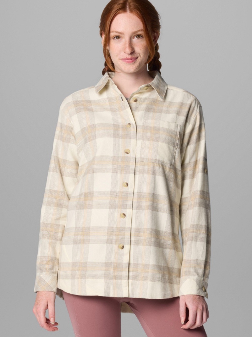 Columbia Holly Hideaway Flannel Shirt XL Plaid Cotton Button Down Cream Beige